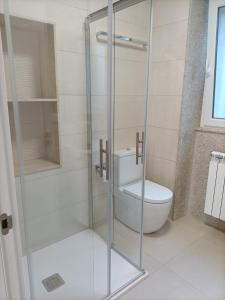 a bathroom with a glass shower with a toilet at Casa a Antiga Tenda in Santiago de Compostela