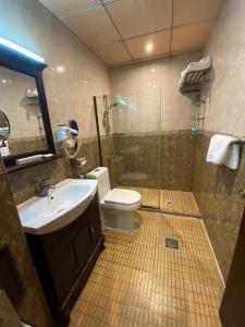 a bathroom with a shower and a sink and a toilet at Castle Hotel in Al Başrah