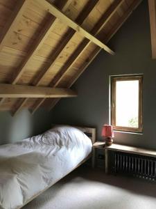 1 dormitorio con cama y ventana en La cabane de l'étang, en Feings