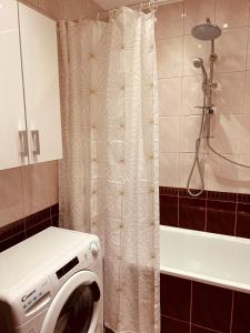 uma máquina de lavar roupa na casa de banho com um chuveiro em APARTAMENT TYCHY MIASTO 60m2 em Tychy