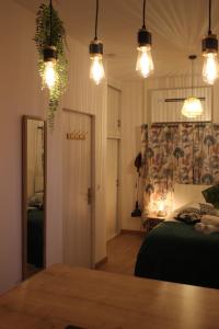 - une chambre avec 2 lits et des lumières au plafond dans l'établissement La Casa De Planel, à Montpellier