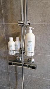 a rack with three bottles of detergent on a bathroom wall at Black Beach Farm in Vík