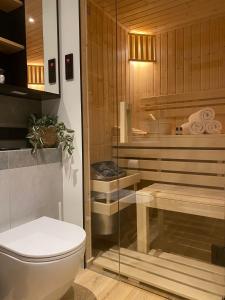a bathroom with a toilet and a bath tub at REST4U APARTAMENTY z SAUNAMI in Szczyrk