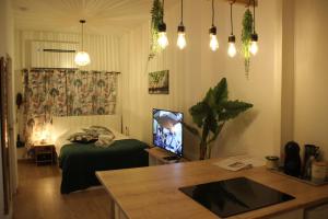 - une chambre avec un lit et un bureau avec une télévision dans l'établissement La Casa De Planel, à Montpellier