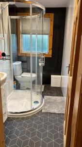 a bathroom with a shower with a toilet in it at 36 Westview Terrace in Stornoway
