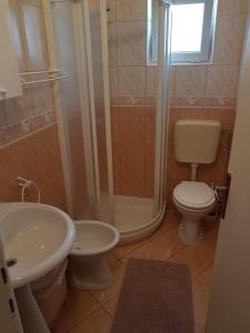a bathroom with a sink and a toilet and a shower at Apartments & Rooms Villa Adamović in Umag