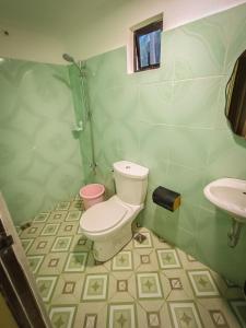 CocoVille Guesthouse في Alegria: حمام أخضر مع مرحاض ومغسلة