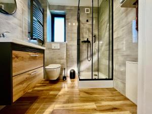 a bathroom with a shower and a toilet at Apartament na Ogrodowej - 2 sypialnie, ogród, taras, parking in Trzęsacz