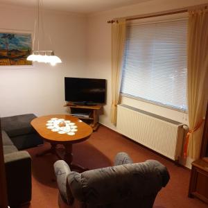 a living room with a couch and a table and a television at Ferienwohnung Knoche in Zittau