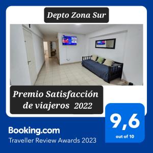 a flyer for a hotel room with a bed and a tv at Depto zona sur in San Miguel de Tucumán