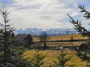 un campo con fienile e montagne sullo sfondo di Apartamenty u Krystyny a Klikuszowa