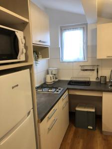 eine kleine Küche mit Spüle und Mikrowelle in der Unterkunft DD apartmani in Krk