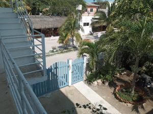 a blue gate leading to a street with palm trees at El Mirador Holbox in Holbox Island