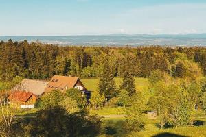 uma casa no meio de um campo com árvores em Ferienhof Silbereis em Deggenhausertal