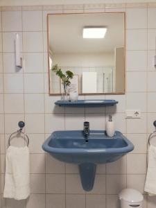 a bathroom with a blue sink and a mirror at Haus Rosenbusch in Sinzing