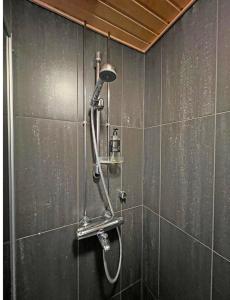a shower with a shower head in a bathroom at Hotelli Vuorikelo in Muurame