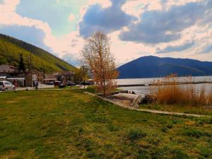 um campo relvado ao lado de um corpo de água em The Lake House em Mikrolímni