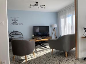 sala de estar con 2 sillas y TV en Gîte Le Pont du Rameur en Pont-Rémy