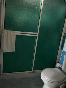 a green shower stall with a toilet in a bathroom at Posada buena vista al mar in Providencia