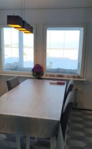 a dining room with a table and two windows at Ailo in Inari