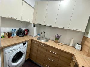 a kitchen with white cabinets and a washing machine at EDA apartment in Bistriţa