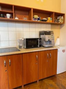 uma cozinha com um micro-ondas e comodidades para preparar café em Pokoje dominikańskie / Dominican rooms em Breslávia