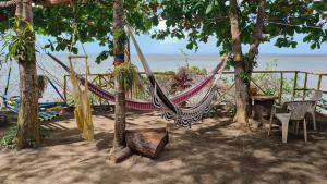 a hammock hanging from trees on a beach at La Casa del Artista in Esquipulas