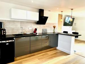 uma cozinha com um balcão preto e branco em Le Pampas - Duplex 4 pers - Lille - Tourcoing em Tourcoing