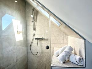 uma casa de banho com um chuveiro e uma toalha no chão em Le Pampas - Duplex 4 pers - Lille - Tourcoing em Tourcoing