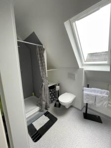a white bathroom with a toilet and a window at Apartment Düte in Erpen