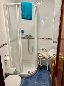 y baño con ducha, aseo y lavamanos. en Habitación González, en Málaga