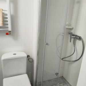 a bathroom with a toilet and a glass shower at Pokoje Klonowa in Kołobrzeg