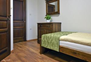1 dormitorio con cama, tocador y espejo en Vincze Vendeghaz, en Kiskunhalas