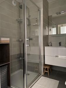 a bathroom with a glass shower and a sink at Appartement neuf au calme proche du lac in Saint-Jorioz