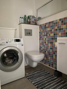 a bathroom with a washing machine and a toilet at Appartement neuf au calme proche du lac in Saint-Jorioz