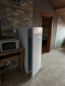 a white refrigerator in a kitchen with a microwave at Vila GABY Mangalia in Mangalia