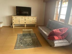 ein Wohnzimmer mit einem Sofa und einem Flachbild-TV in der Unterkunft Wohnung in Sigriswil