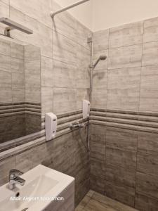 y baño con ducha, lavabo y espejo. en Altair Airport Apartman en Vecsés
