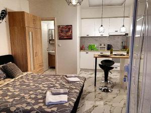a small bedroom with a bed and a kitchen at Casagrande Studio in Kriopigi