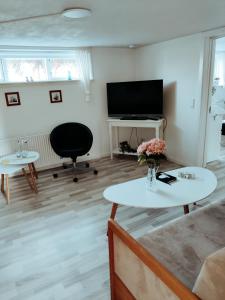 a living room with a table and a tv at Landstedet Billund in Billund