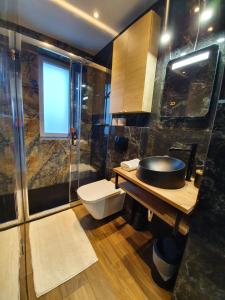 een badkamer met een toilet, een douche en een wastafel bij Galaxy Apartments in Słupsk