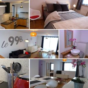 un collage de fotos de un dormitorio y una sala de estar en le 99B Modern apartment queen size bed connected TV, en Hallennes-lès-Haubourdin