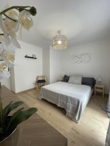 a white bedroom with a bed and a chandelier at Charmant T2, parking privé in Argelès-Gazost
