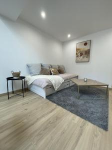 a living room with a bed and a table at Charmant T2, parking privé in Argelès-Gazost