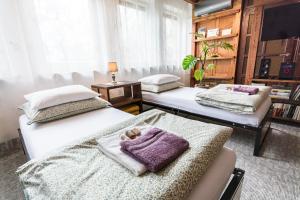 pokój z 3 łóżkami i ręcznikami w obiekcie Apartament gościnny w Niepołomicach