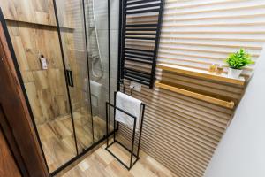 prysznic ze szklanymi drzwiami w łazience w obiekcie Apartament gościnny w Niepołomicach