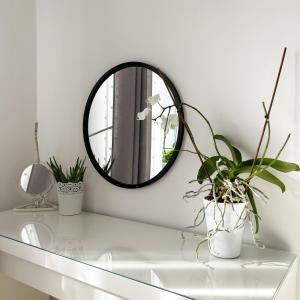 熱舒夫的住宿－5th Floor Apartment，白色桌子上方的镜子,上面有植物
