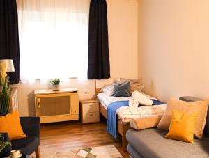Villa Blue Apartman في سكسارد: غرفة معيشة مع أريكة وسرير