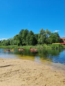 eine Gruppe von Menschen in Kajaks auf einem Fluss in der Unterkunft Kajaki i Rowery in Ruciane-Nida + 8 Fotos