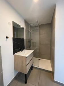 ein Bad mit einem Waschbecken und einer Dusche in der Unterkunft La belle étoile in Roye